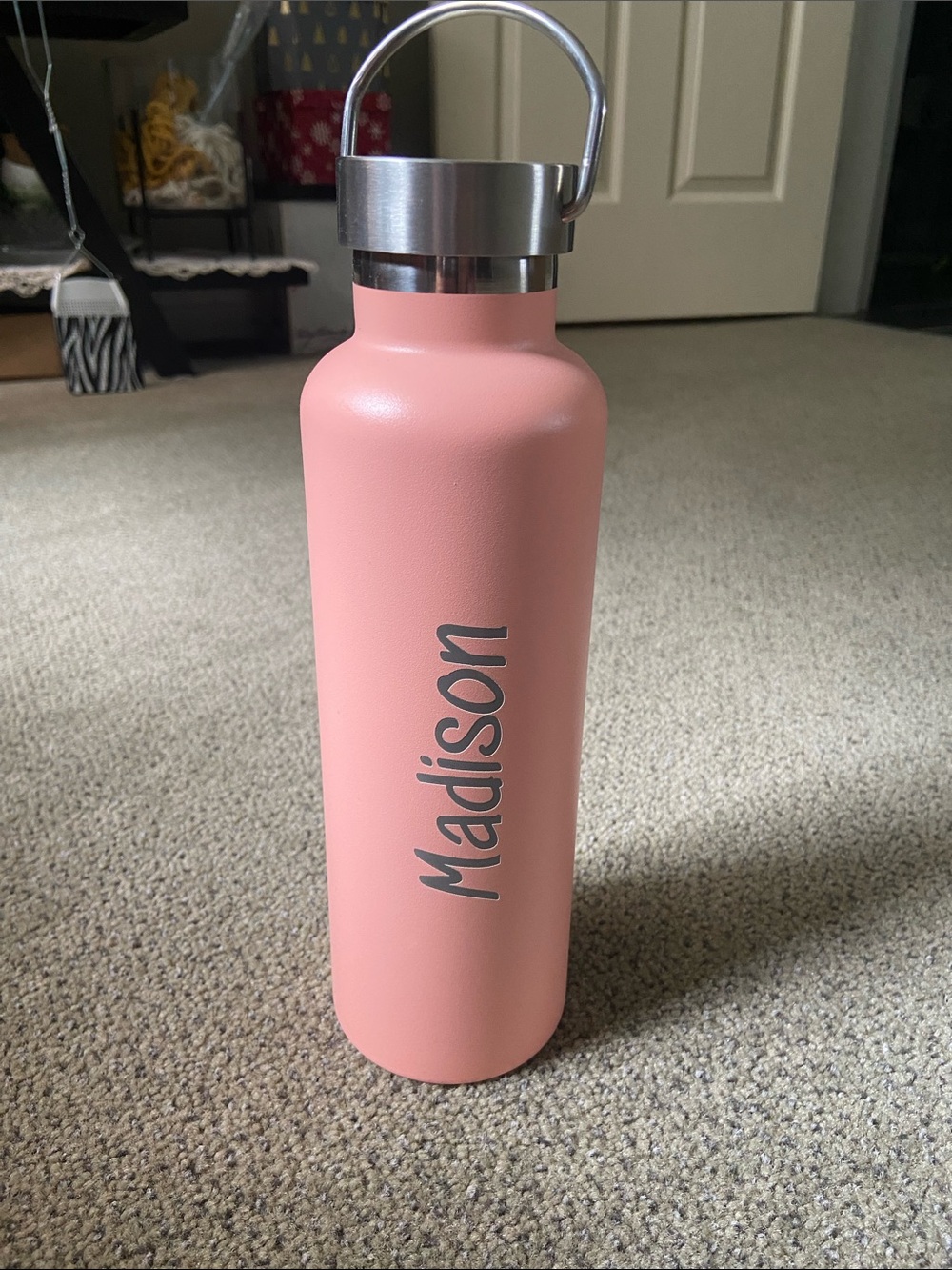 Pink Stainless Steel Water Bottle with "Madison" name on side